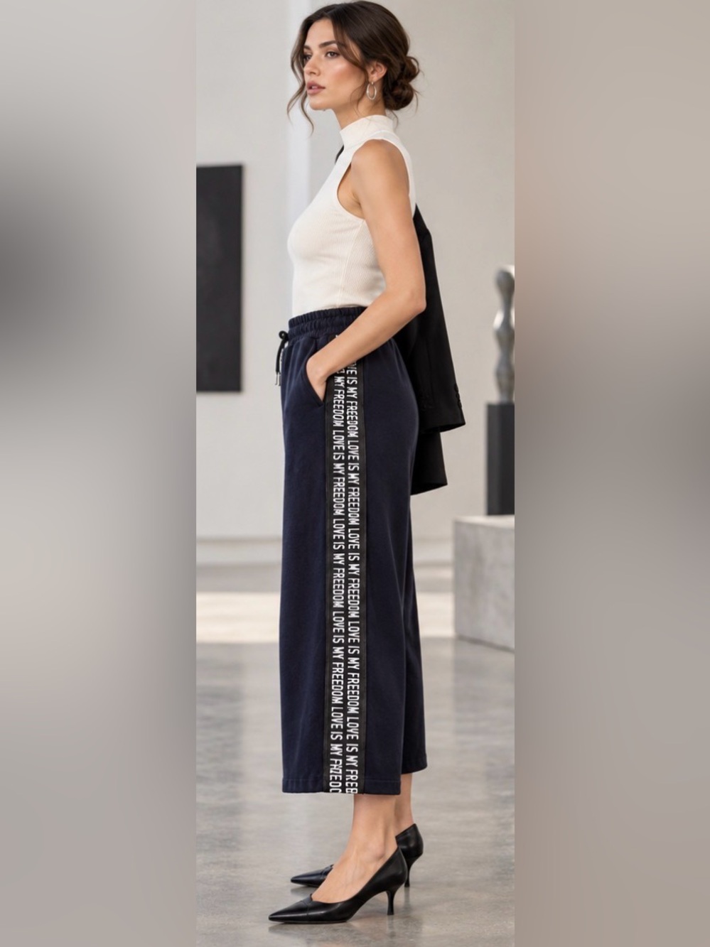 Twin-Set Navy Jersey Capris with White Side Text